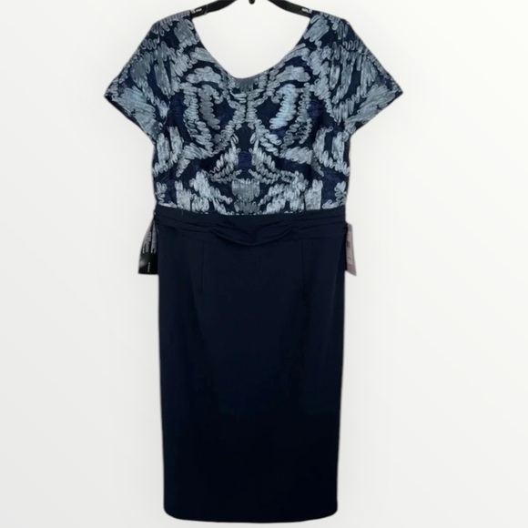 JS Collections Blue Ribbon and Lace Crepe Midi Dress V Back Short Sleeve 14 - Picture 1 of 16